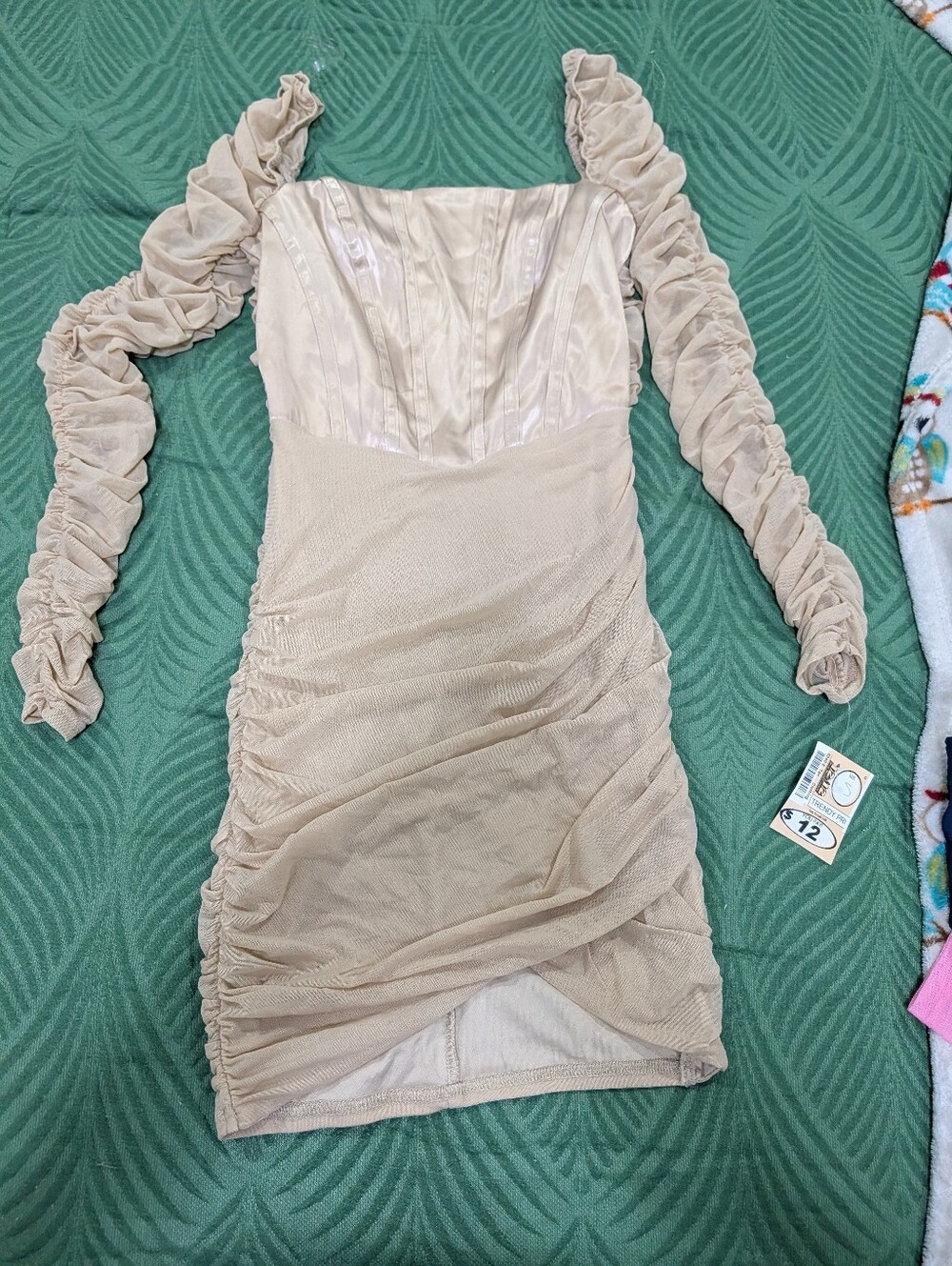Ruched Long-Sleeve Beige Bodycon Dress